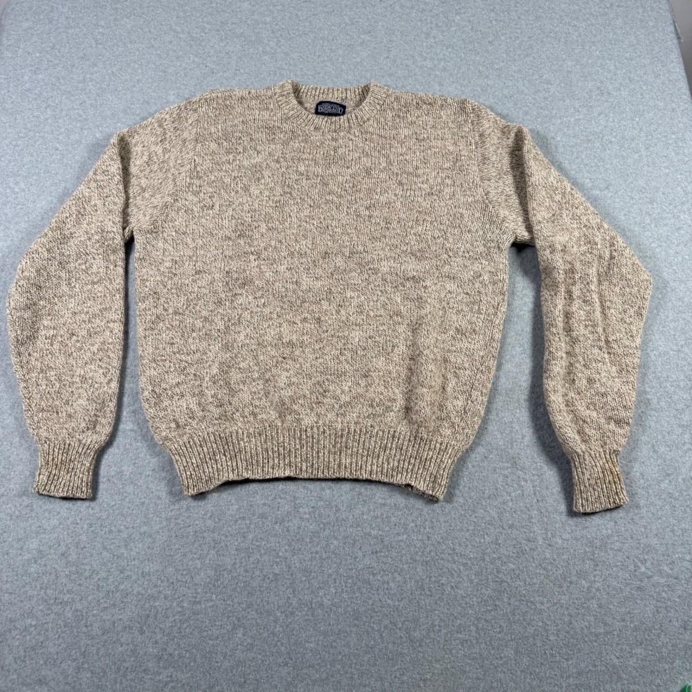 Vintage Lands End Mens Wool Blend Crewneck Sweater Tan Oatmeal Marl Made in USA